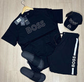 KIT BOSS BLEU MARIN (CHEMISE + SHORT + CHAUSSURES + CASQUETTE) PRIX EN GROS