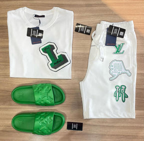 Ensemble Louis Vuitton Blanc/Vert (Promotion Pré-Black Friday) [CHEMISE + SHORT + SANDALES]